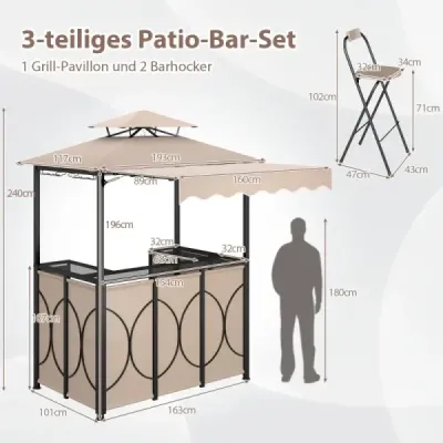 Voděodolný grilovací pavilon s barem a 2 barovými stoličkami Zahradní pavilon s dvojitou střechou a markýzou hnědý