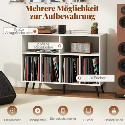 3patrový stojan na gramofon s policemi na vinylové desky, skříňka na gramofon, bílá