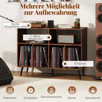 3patrový stojan na gramofony s vinylovými úložnými policemi, skříňka na gramofony, hnědá