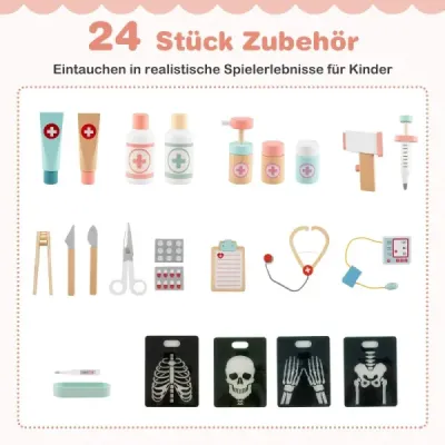 Hračka do nemocnice se zdravotnickým vybavením a 24 doplňky Dřevěná hrací souprava Doktor růžová
