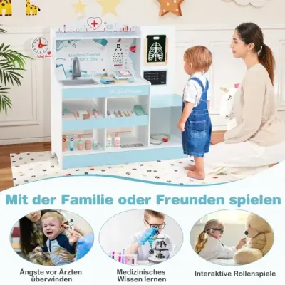 Dřevěný lékařský set na hraní lékařské centrum pro děti s hodinami umyvadlem oční testovací deska monitor EKG modrá