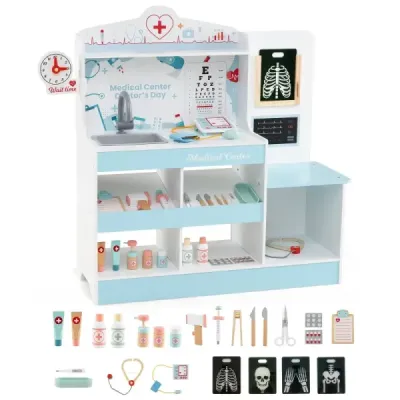 Dřevěný lékařský set na hraní lékařské centrum pro děti s hodinami umyvadlem oční testovací deska monitor EKG modrá