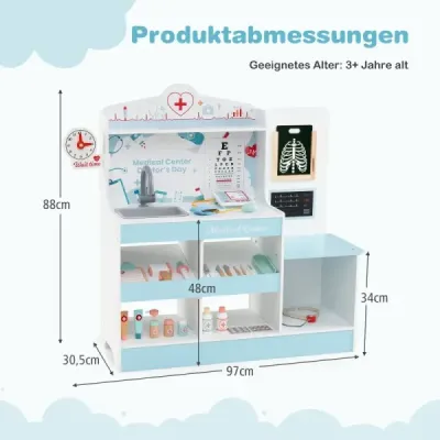 Dřevěný lékařský set na hraní lékařské centrum pro děti s hodinami umyvadlem oční testovací deska monitor EKG modrá
