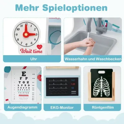 Dřevěný lékařský set na hraní lékařské centrum pro děti s hodinami umyvadlem oční testovací deska monitor EKG modrá