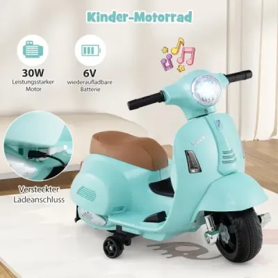 Licencovaná dětská elektrická motorka Vespa 6V motorka na baterie s LED světlometem modrá