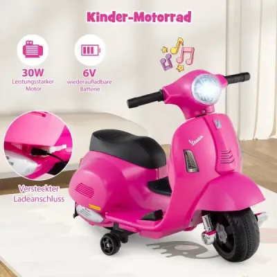Licencovaná dětská elektrická motorka Vespa 6V motorka na baterie s LED světlometem růžová