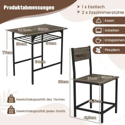 Jídelní set pro 2 osoby 3dílný obdélníkový dřevěný stůl a židle s kovovým rámem Šedá barva