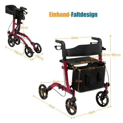 Rollator Hliníkový cestovní rollator skládací lehký rollator výškově nastavitelný červený