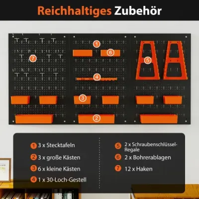 Nástěnka na nářadí s 9dílnými úložnými boxy, držáky na nářadí a háčky, děrovaná deska