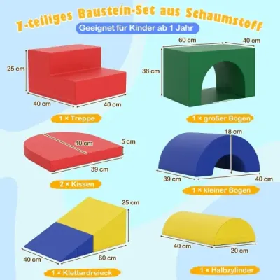 7dílná sada pěnových lezeckých bloků. Měkká PU kožená herna s lezeckou konstrukcí. Barevné provedení.