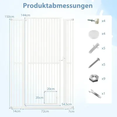 Vysoká kovová bezpečnostní branka pro domácí mazlíčky se 2 prodlužovacími sadami 77-104 cm x 150 cm, bez nutnosti vrtání, bílá