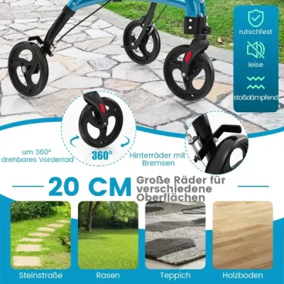 Chodítko pro seniory skládací kolečkové křeslo s lehkým hliníkovým rámem 20 cm velká kola Modrá barva