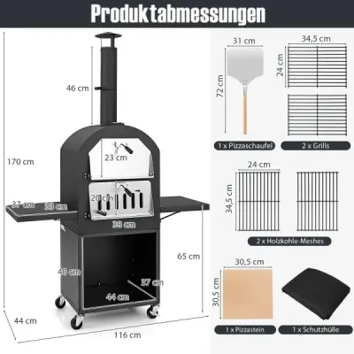 Pec na pizzu na dřevo pro venkovní použití s ochranným krytem 305 cm kámen na pizzu a grilovací rošty