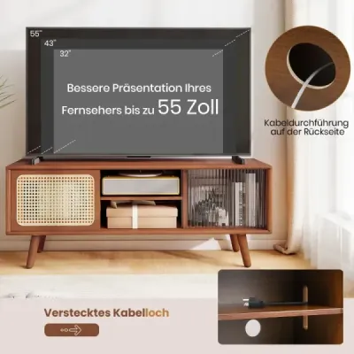 Bambusová TV skříňka s ratanovými a skleněnými posuvnými dveřmi TV stolek TV stolek hnědý