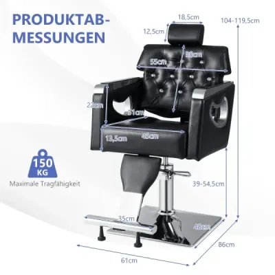 Výškově nastavitelná stylingová židle s čalouněným opěradlem, nastavitelnou opěrkou hlavy a hydraulickým čerpadlem.