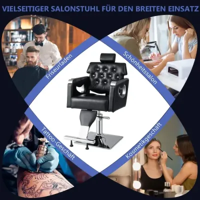 Výškově nastavitelná stylingová židle s čalouněným opěradlem, nastavitelnou opěrkou hlavy a hydraulickým čerpadlem.