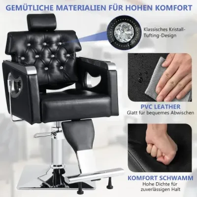 Výškově nastavitelná stylingová židle s čalouněným opěradlem, nastavitelnou opěrkou hlavy a hydraulickým čerpadlem.
