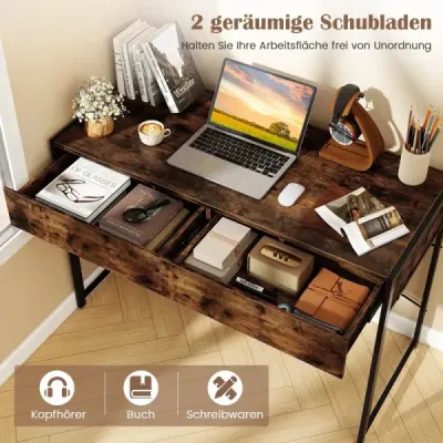 Počítačový stůl se 2 zásuvkami Kompaktní psací stůl Pracovní stůl Toaletní stolek Rustikální hnědá barva