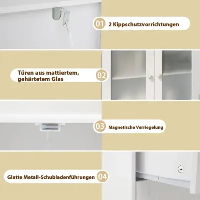 Koupelnová skříňka se 2 zásuvkami a 2 skleněnými dvířky a nastavitelnou policí Vysoká skříňka bílá