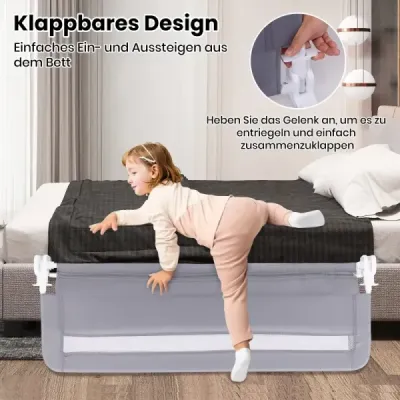 Zábrana do postele pro batolata 120 cm skládací zábrana do dětské postele se snímatelným a pratelným potahem šedá
