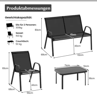 4-dílná sada nábytku na terasu Conversation Set s konferenčním stolkem 51 x 71 x 35 cm Grey