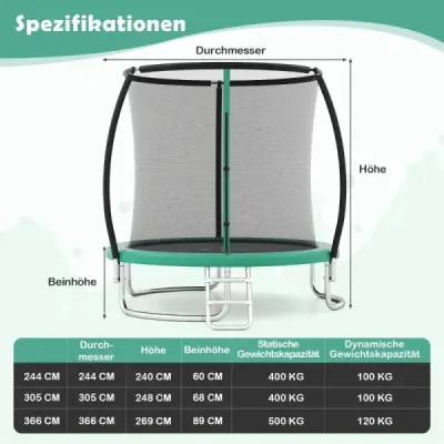 Trampolína Ø244 cm s žebříkem a bezpečnostní sítí kulatá zahradní trampolína dětská trampolína zelená