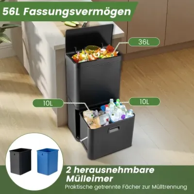 56l nerezový odpadkový koš se senzorem pohybu a 2 odpadkovými koši a krytem s měkkým zavíráním Odpadkový koš černý
