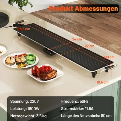 Gril Teppanyaki 1800W Elektrická grilovací deska s nepřilnavým povrchem, nastavitelným termostatem teploty a odkapávací miskou na tuk 100 cm