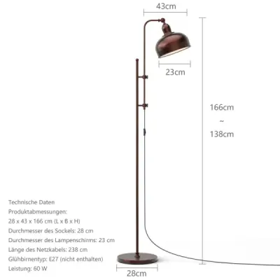 Stojací lampa s nastavitelnou výškou a hlavou lampy a kovovým rámem Čtecí lampa Stojací lampa