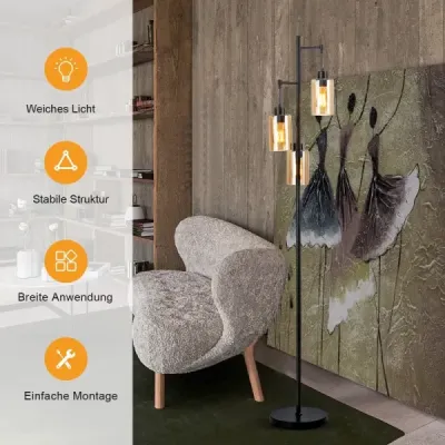 164cm stojací lampa se 3 závěsnými jantarovými skleněnými stínidly, nožním vypínačem a kovovou základnou Stojací lampa