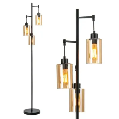 164cm stojací lampa se 3 závěsnými jantarovými skleněnými stínidly, nožním vypínačem a kovovou základnou Stojací lampa