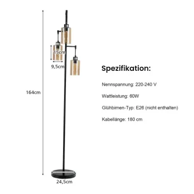 164cm stojací lampa se 3 závěsnými jantarovými skleněnými stínidly, nožním vypínačem a kovovou základnou Stojací lampa