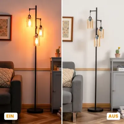 164cm stojací lampa se 3 závěsnými jantarovými skleněnými stínidly, nožním vypínačem a kovovou základnou Stojací lampa