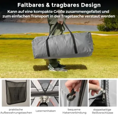 Kempingový stan pro 6 osob s přepážkou pro 2 osoby a pláštěnkou, světle šedý