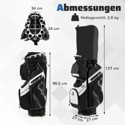 Golfový bag se 14 přihrádkami, popruhem na přenášení, pláštěnkou a 11 kapsami. Lehký golfový bag, černý.