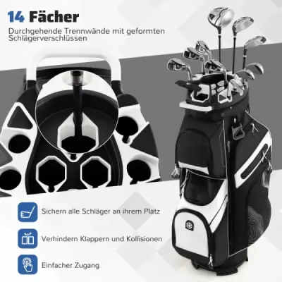 Golfový bag se 14 přihrádkami, popruhem na přenášení, pláštěnkou a 11 kapsami. Lehký golfový bag, černý.