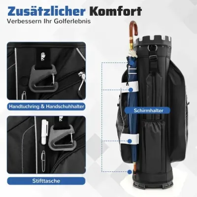 Golfový bag se 14 přihrádkami, popruhem na přenášení, pláštěnkou a 11 kapsami. Lehký golfový bag, černý.