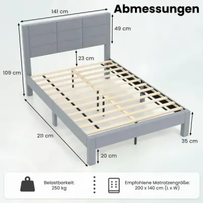 Rám postele pro matraci 200 x 140 cm, čalouněný sametovou látkou, rám postele s platformou, šedá