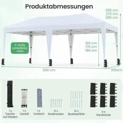 Výklopný altán 3 x 6 m s přepravní taškou na kolečkách a UV ochranou, párty stan 50+, bílý