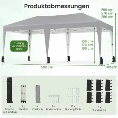 Výklopný altán 3 x 6 m s přepravní taškou na kolečkách a UV ochranou, párty stan 50+, šedý