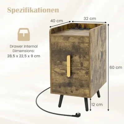 Noční stolek s nabíjecí stanicí Úzký noční stolek se 2 zásuvkami a USB porty 40 x 32 x 60 cm Rustikální hnědá barva