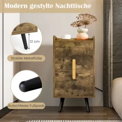 Noční stolek s nabíjecí stanicí Úzký noční stolek se 2 zásuvkami a USB porty 40 x 32 x 60 cm Rustikální hnědá barva