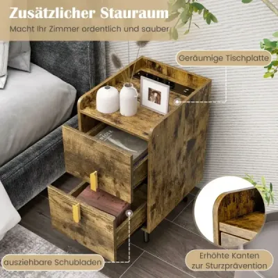 Noční stolek s nabíjecí stanicí Úzký noční stolek se 2 zásuvkami a USB porty 40 x 32 x 60 cm Rustikální hnědá barva