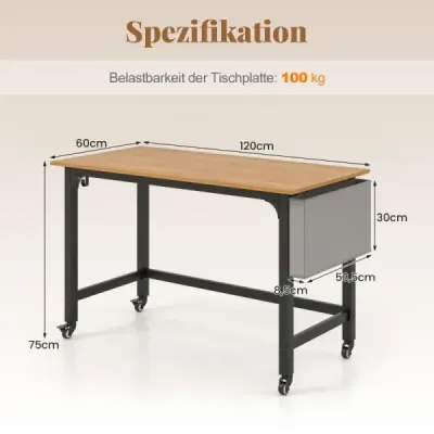 Stůl s kolečky Počítačový stůl s odnímatelnou látkovou taškou a háčkem na sluchátka 120 x 60 x 75 cm dřevo