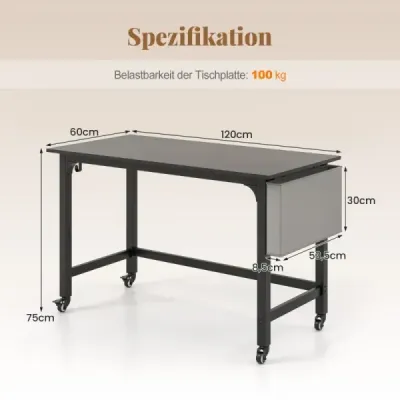 Stůl s kolečky Počítačový stůl s odnímatelnou látkovou taškou a háčkem na sluchátka 120 x 60 x 75 cm Černá barva