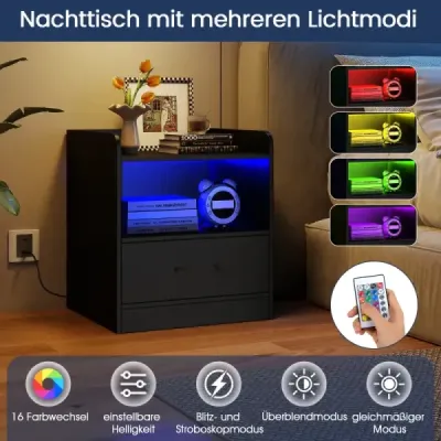 Noční stolek s LED osvětlením a otevřenou přihrádkou a zásuvkou Noční stolek černý