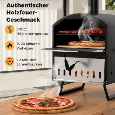 Venkovní pec na pizzu 40 cm na dřevo, dvouvrstvá, se čtvercovým kamenem na pizzu, grilovacími rošty černá