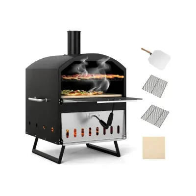 Venkovní pec na pizzu 40 cm na dřevo, dvouvrstvá, se čtvercovým kamenem na pizzu, grilovacími rošty černá
