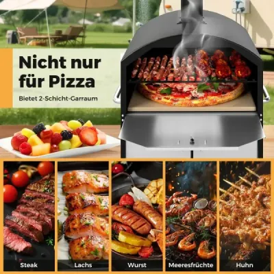 Venkovní pec na pizzu 40 cm na dřevo, dvouvrstvá, se čtvercovým kamenem na pizzu, grilovacími rošty černá