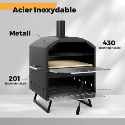 Venkovní pec na pizzu 40 cm na dřevo, dvouvrstvá, se čtvercovým kamenem na pizzu, grilovacími rošty černá